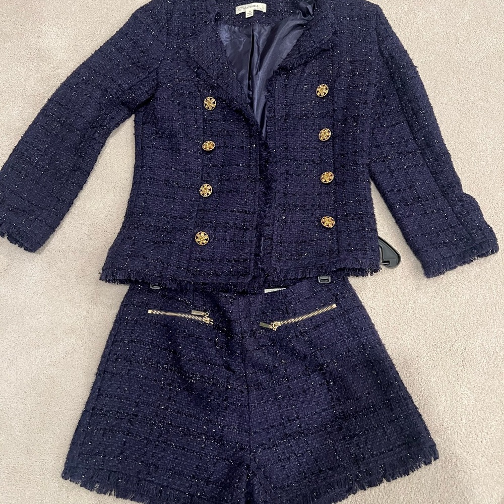 Chanel esque Navy Tweed Blazer and Shorts Set